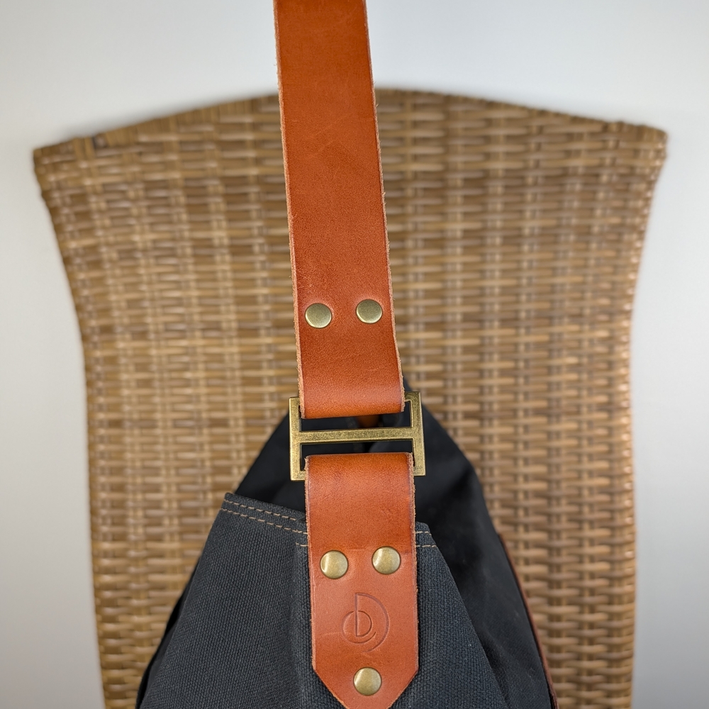 Melakah Design Handmade Black Brown Canvas Leather Handle Logo Emblem Tote Bag - Picture 9 of 16